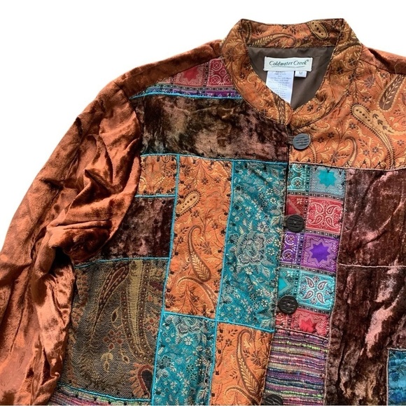 Coldwater Creek Patchwork Tapestry Velvet Buttoned Jacket Brown Teal Size M - Picture 3 of 7